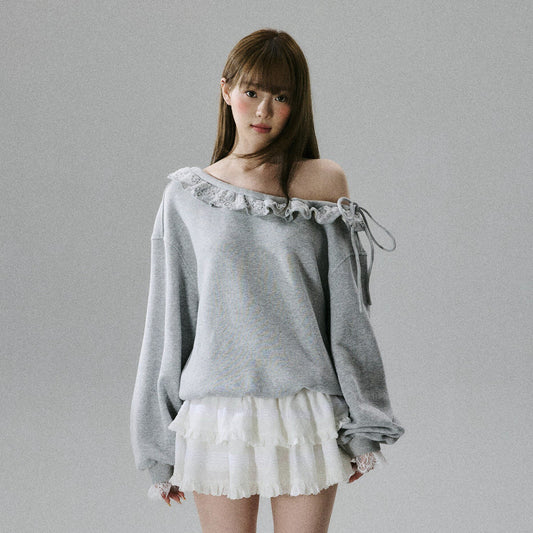 Off-Shoulder Lace Trim Sweatshirt NA8849