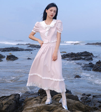 Lace Details Bow Blouse & Lace Trim Skirt Setup NA8851