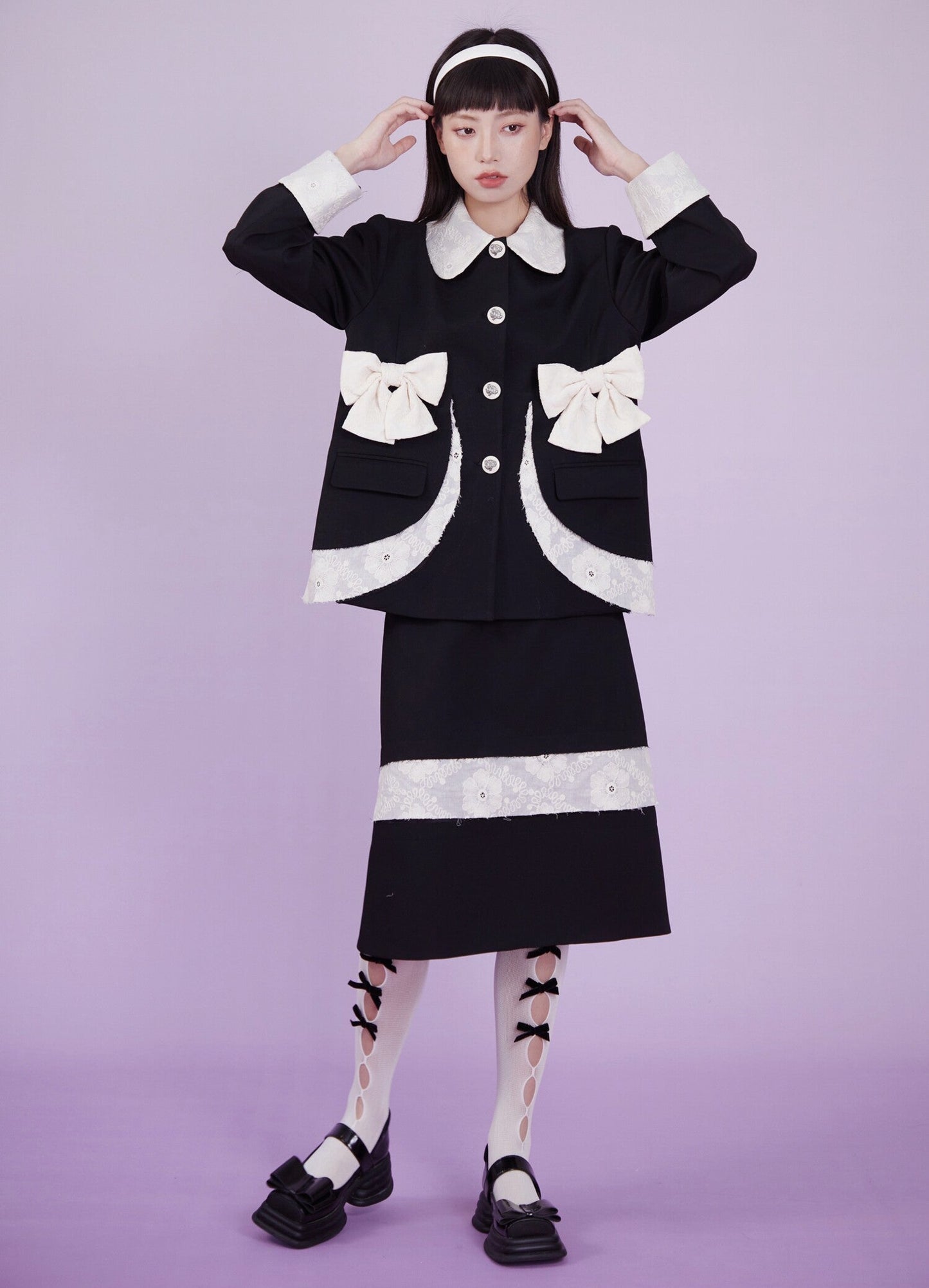 Bow-Detail Jacket & Midi Skirt Setup NA8862