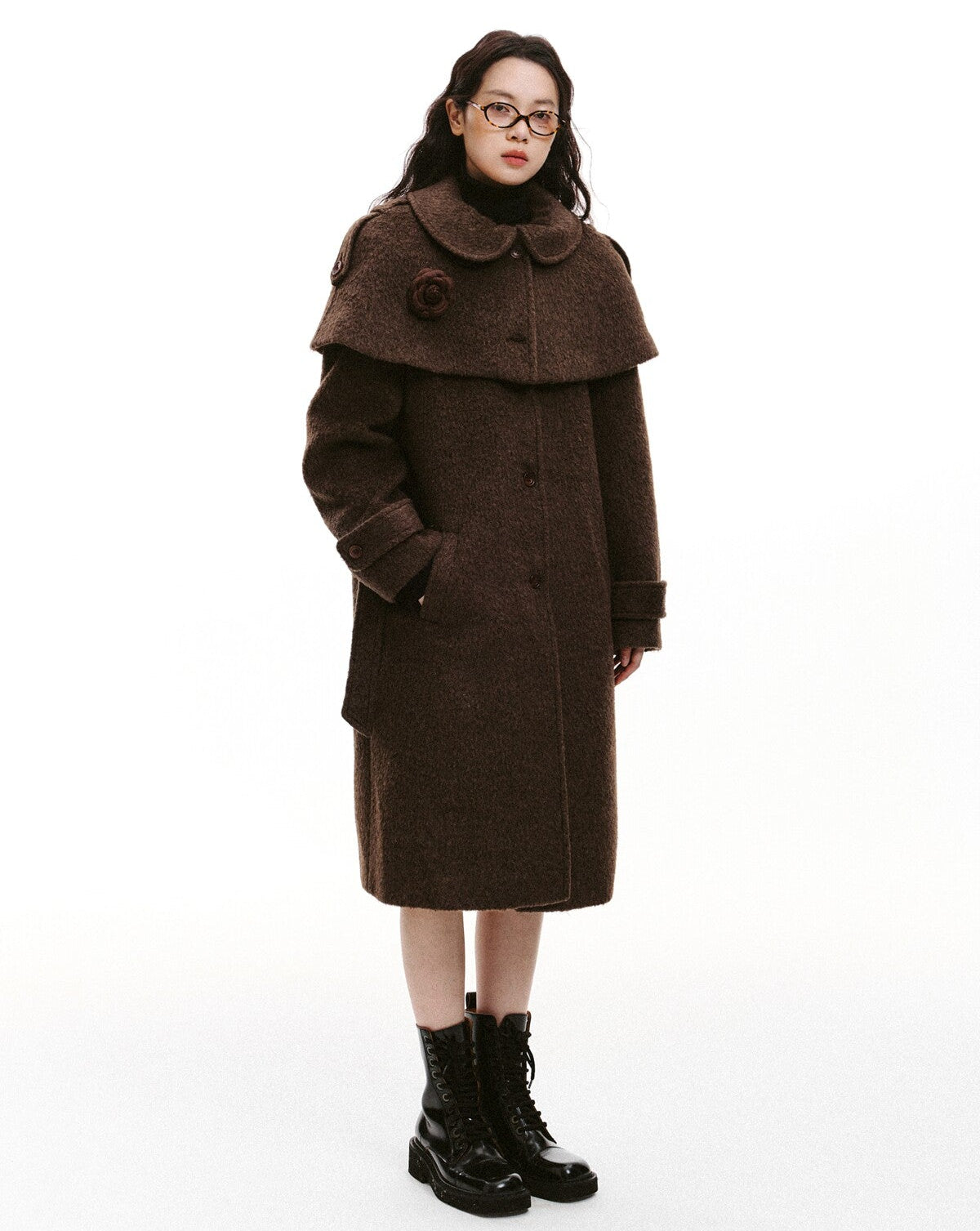 Cape Collar & Flower Detail Belted Coat NA8864