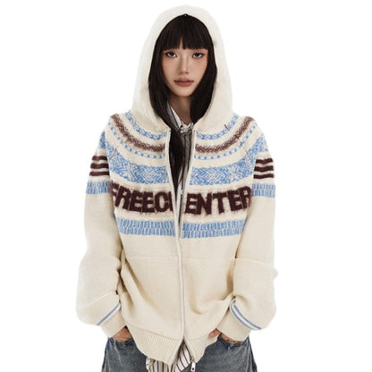 Fair Isle Hooded Detachable Fur Collar Knit Cardigan NA8870