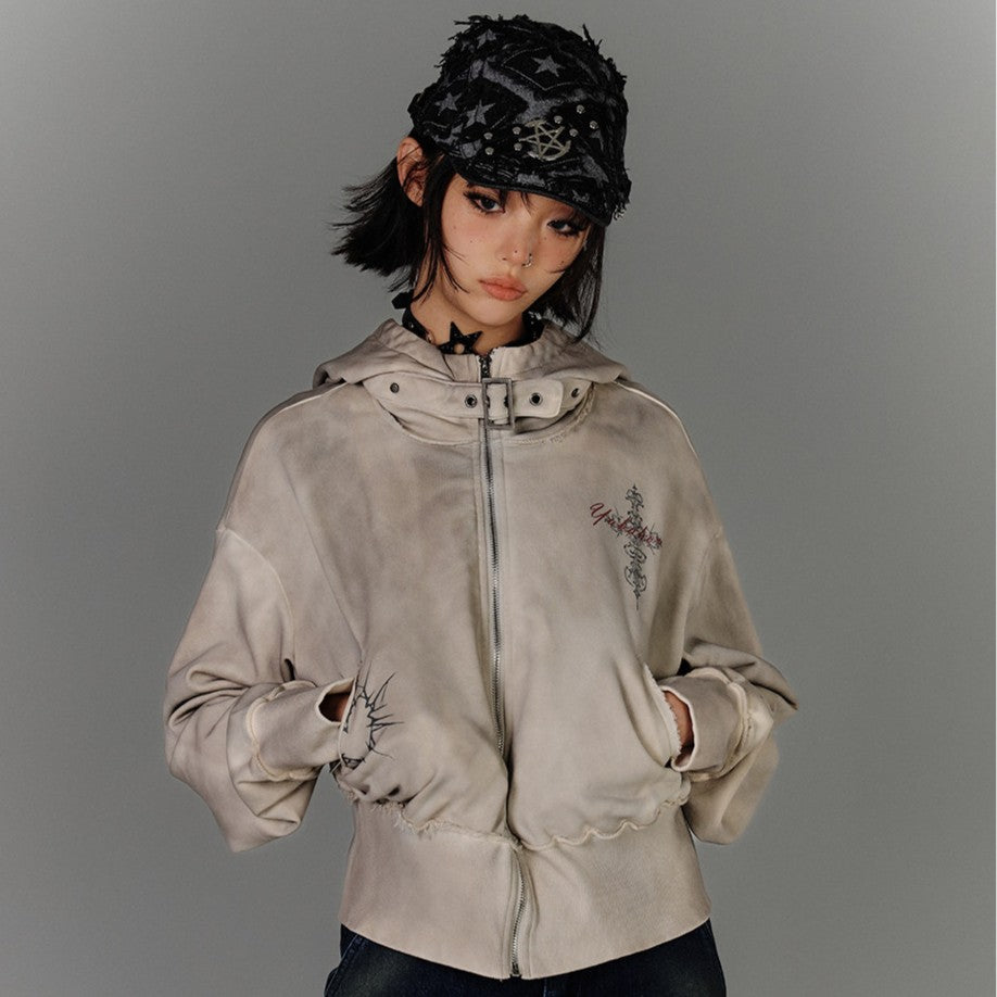Washed Damage Oversize Zipper Hoodie NA8877