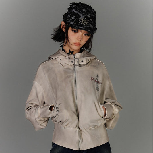 Washed Damage Oversize Zipper Hoodie NA8877