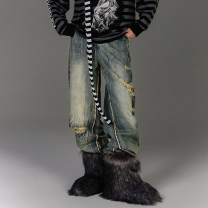 Washed Blue Damage Wide Leg Denim Jeans NA8878