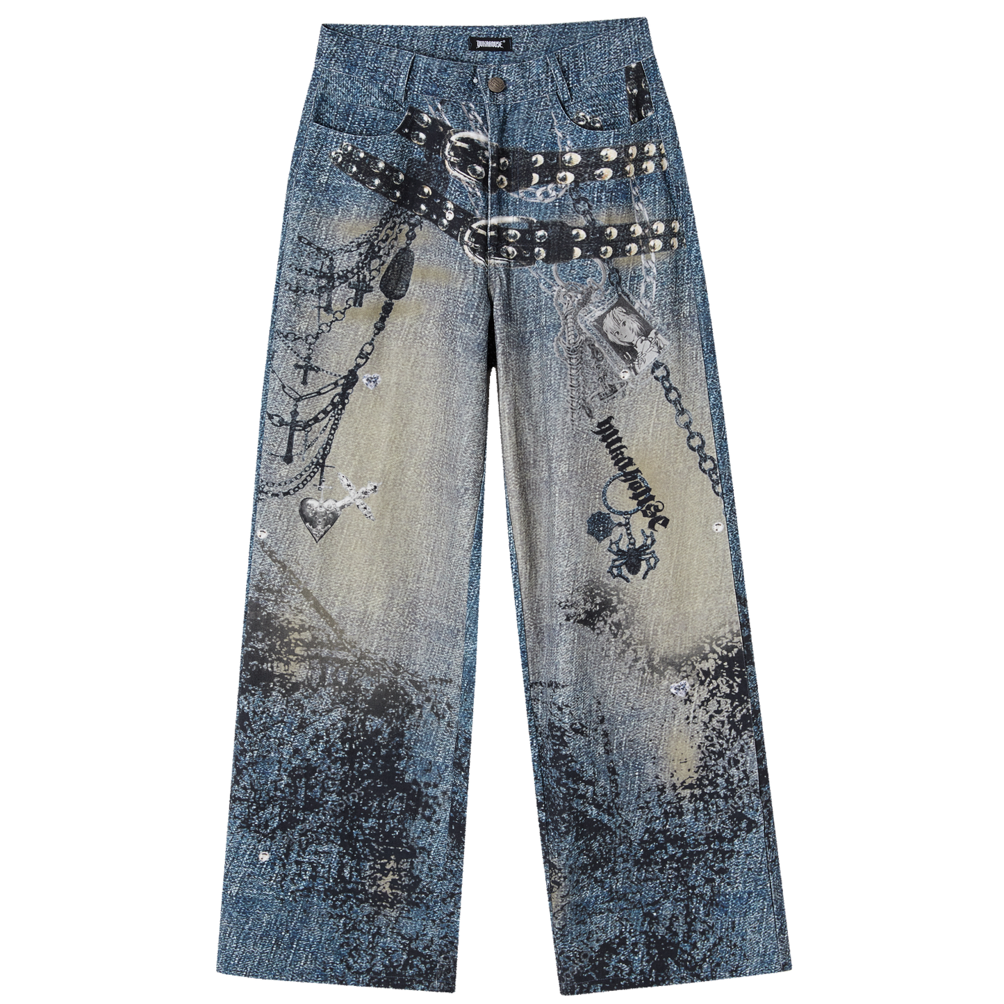 Chain Design Wide Leg Straight Denim Jeans NA8896