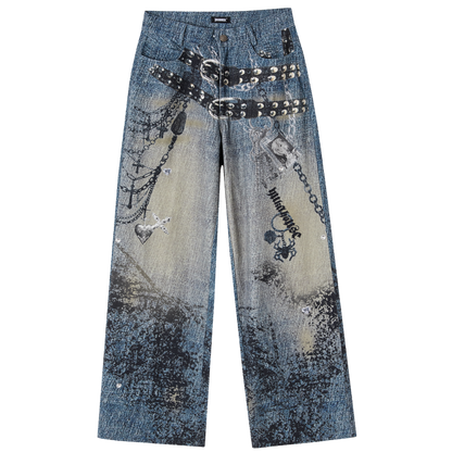 Chain Design Wide Leg Straight Denim Jeans NA8896