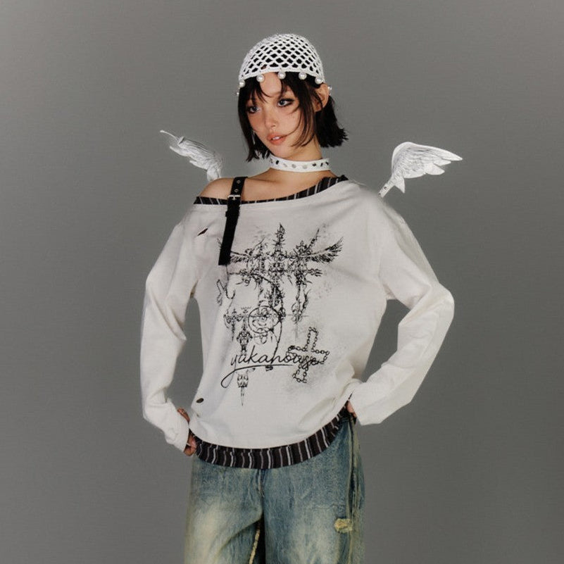 Off-Shoulder Asymmetrical Punk Long Sleeve T-Shirt NA8897