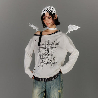 Off-Shoulder Asymmetrical Punk Long Sleeve T-Shirt NA8897