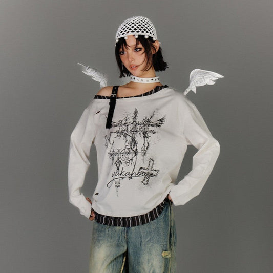 Off-Shoulder Asymmetrical Punk Long Sleeve T-Shirt NA8897