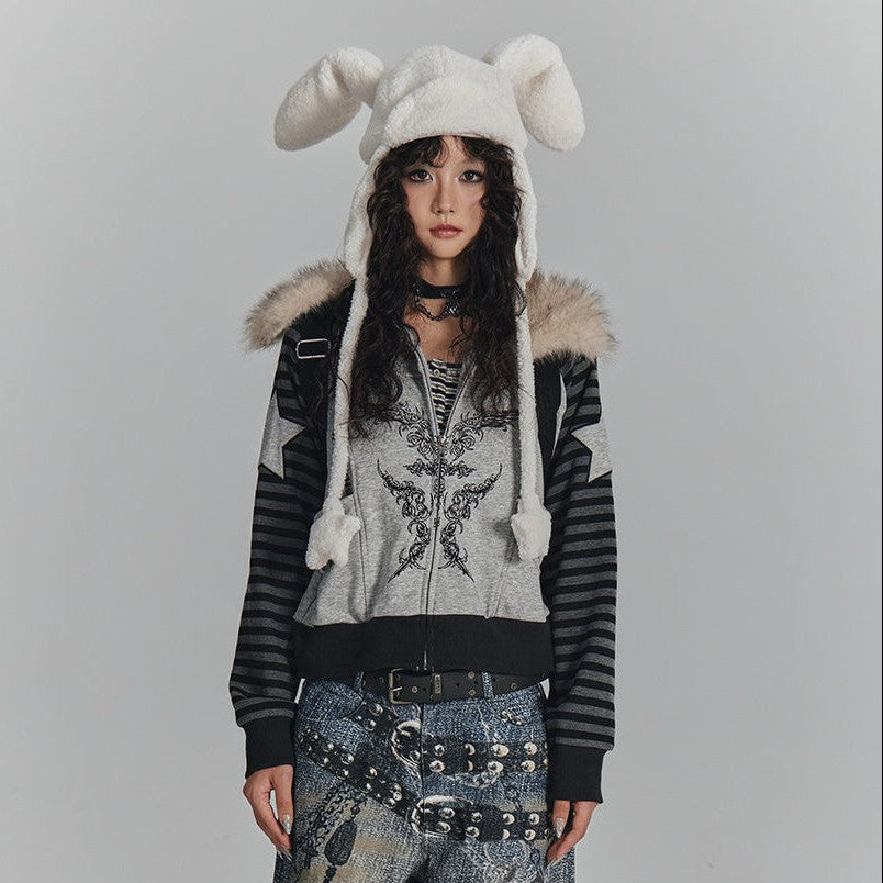 Fur Collar Patchwork Oversize Zipper Hoodie NA8899