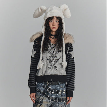Fur Collar Patchwork Oversize Zipper Hoodie NA8899