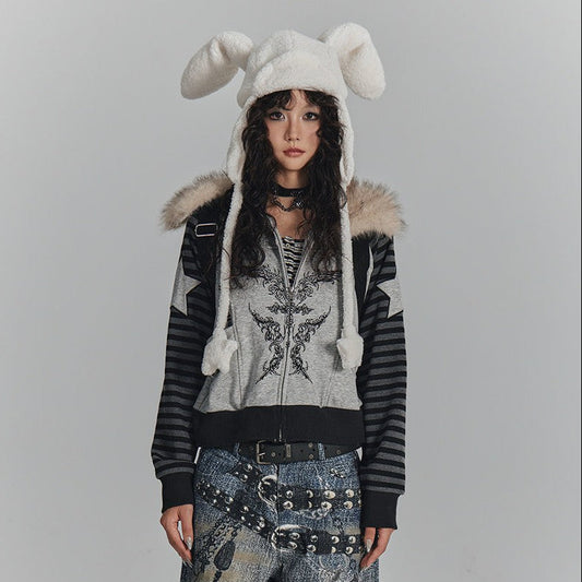 Fur Collar Patchwork Oversize Zipper Hoodie NA8899
