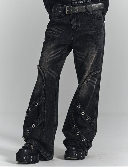 Washed Frayed Wide-Leg Straight Denim Jeans NA8903