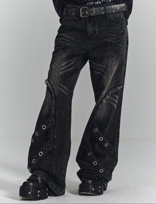 Washed Frayed Wide-Leg Straight Denim Jeans NA8903