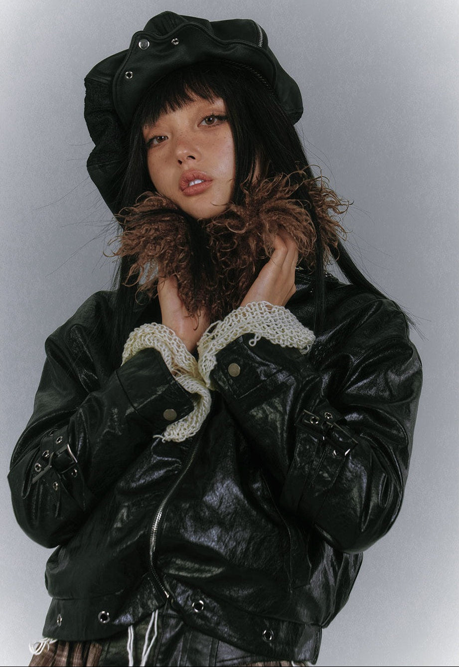 Detachable Fur Collar Glossy Padded PU Leather Jacket NA8907