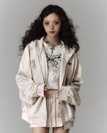 Washed Damage Oversize Zipper Hoodie & Short Skirt & Wide Leg Pants Setup NA8911