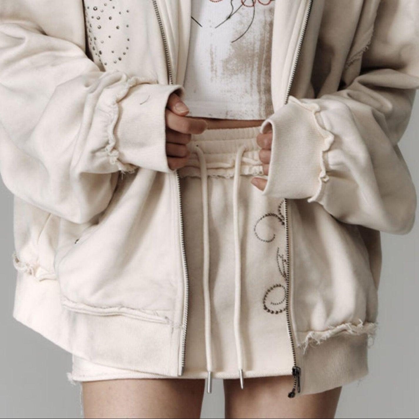 Washed Damage Oversize Zipper Hoodie & Short Skirt & Wide Leg Pants Setup NA8911