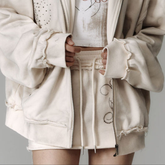 Washed Damage Oversize Zipper Hoodie & Short Skirt & Wide Leg Pants Setup NA8911