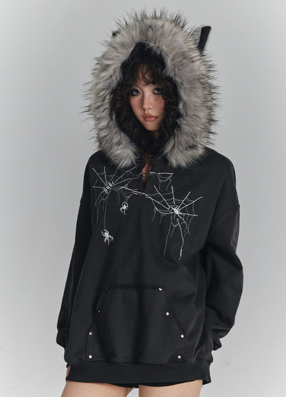 Spider Web Print Fur Collar Cat Ear Oversize Zipper Hoodie NA8912