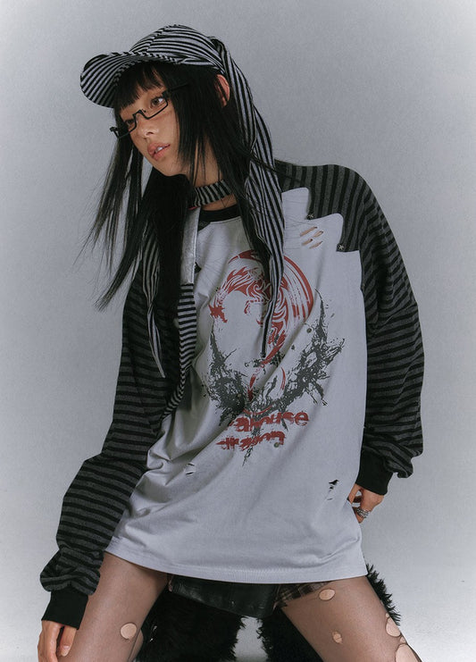 Raglan Stripe Damage Patchwork Long Sleeve T-Shirt NA8918