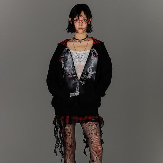 Fake Layered Zipper Stripe Oversize Pullover Hoodie NA8920