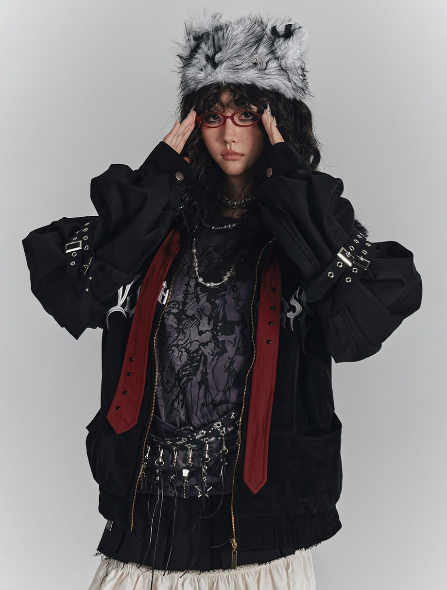 Embroidery Fur Collar Oversize Zipper Jacket NA8922