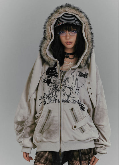 Graphic Fake Fur Hood Bunny Ear Zipper Hoodie Jacket NA8923