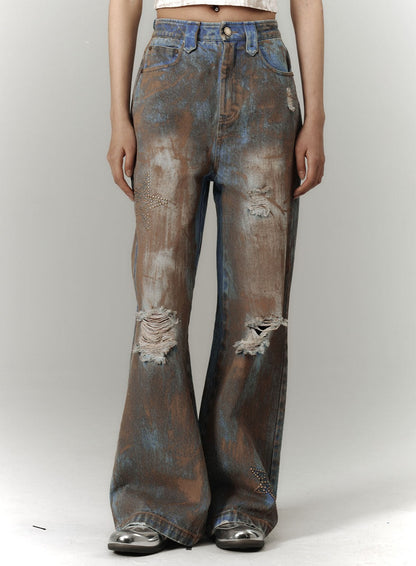 Mud Wash Damage Tie-Dye Wide Leg Straight Denim Jeans NA8928