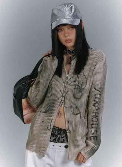 Washed Damage Graffiti Design Oversize Knit Cardigan NA8930