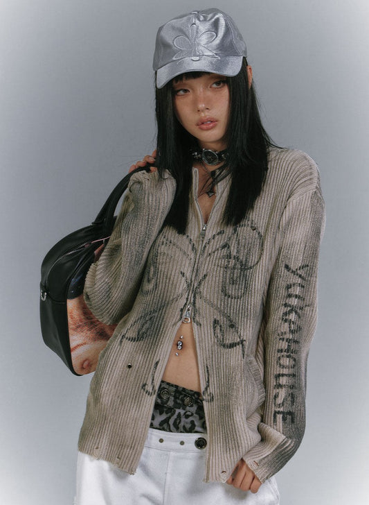 Washed Damage Graffiti Design Oversize Knit Cardigan NA8930