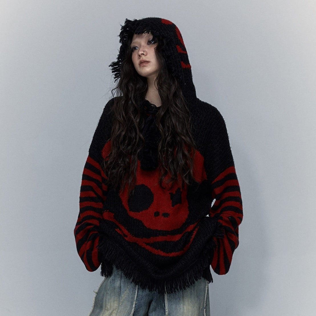 Skull Print Stripe Oversize Knit Hoodie NA8999