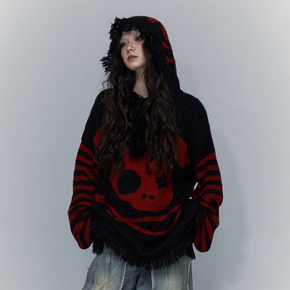 Skull Print Stripe Oversize Knit Hoodie NA8999
