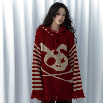 Skull Print Stripe Oversize Knit Hoodie NA8999