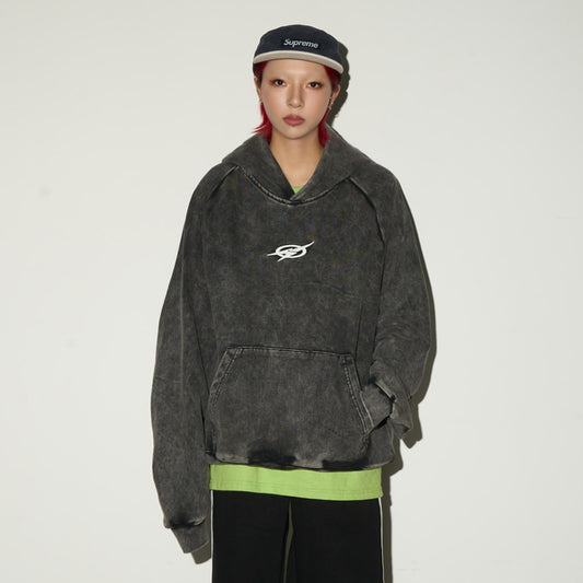 Washed Pleated Sleeve Oversize Pullover Hoodie NA9143