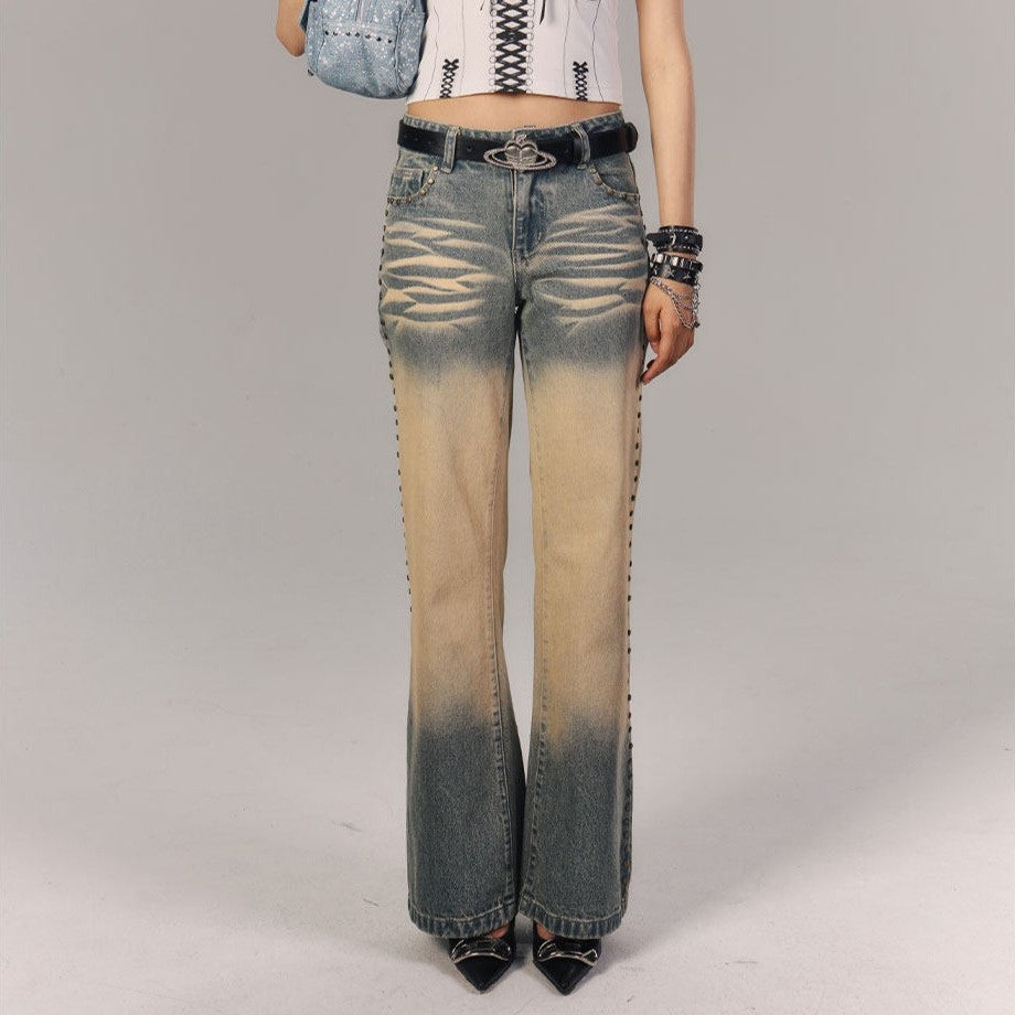 Washed Gradient Studs Detail Flare Denim Jeans NA9215