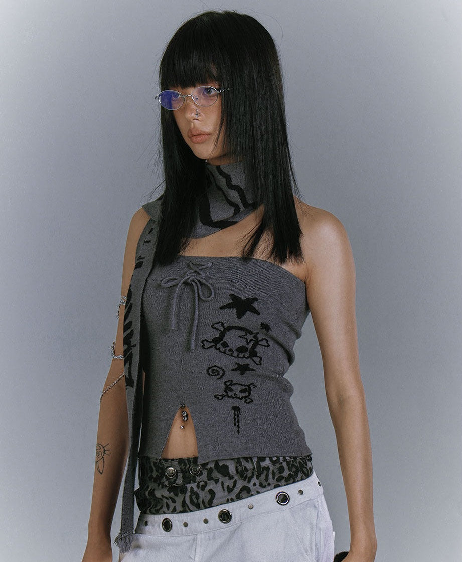 Graphic Print Off-Shoulder Top & Letter Print Scarf NA9219