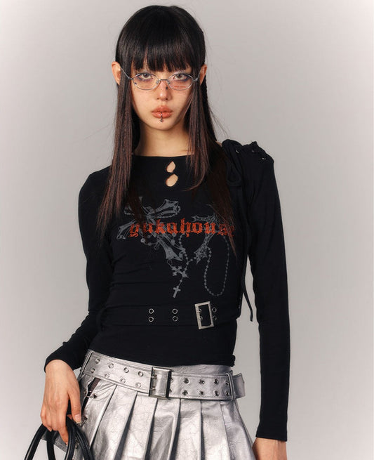Cross Print Strap Buckle Cutout Long Sleeve T-Shirt NA9220