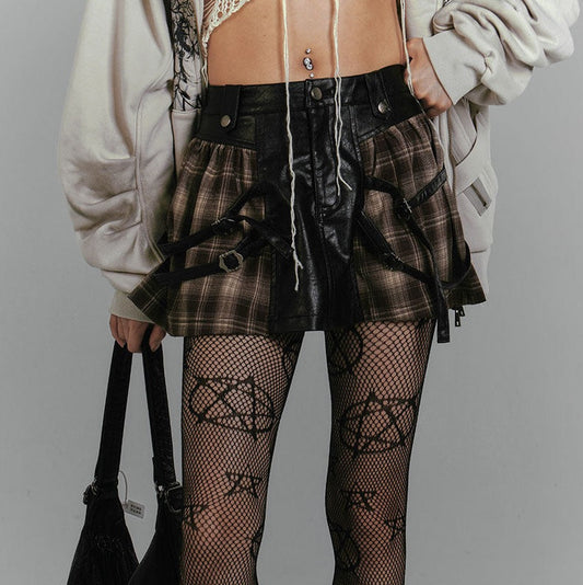 Plaid PU Leather Mix Patchwork Short Skirt NA9221