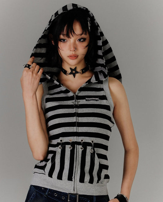 Stripe Zipper Hooded Sleeveless T-Shirt NA9224