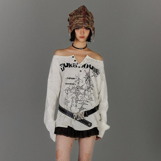 Off-Shoulder Graphic Print Button Long Sleeve T-Shirt NA9226