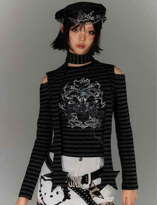Stripe Graphic Print Cutout High-Neck Long Sleeve T-Shirt & Stripe Star Scarf NA9227