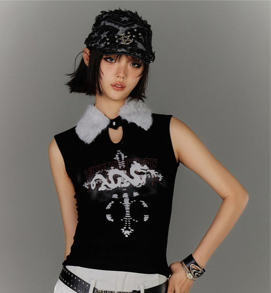 Fake Fur Collar Ribbed Graphic Print Sleeveless T-Shirt NA9228
