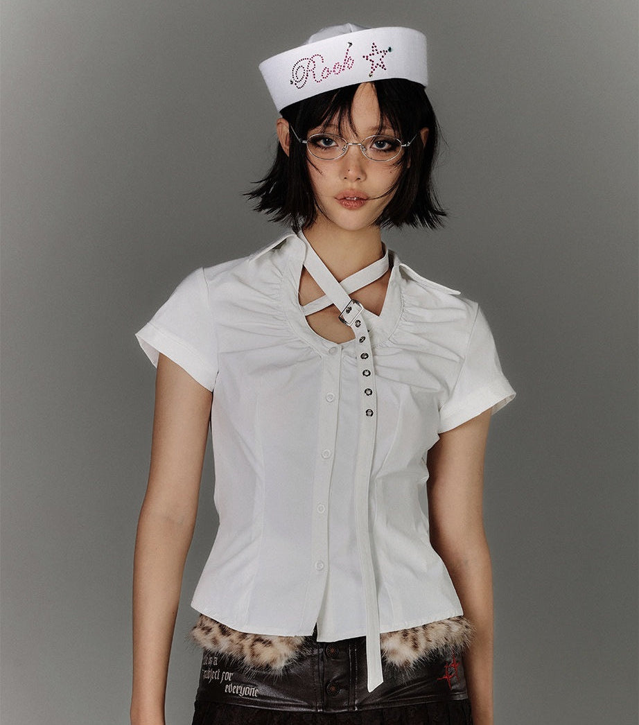 Button Strap Detail Fitted Short Sleeve Shirt NA9229