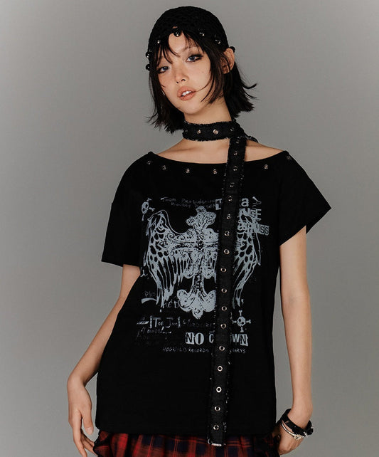 Off-Shoulder Eyelet Graphic Print Short Sleeve T-Shirt & Choker NA9232