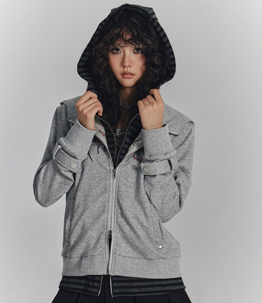 Embroidery Fake Layered Double Zipper Hoodie NA9238