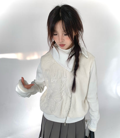 Fleece Embroidery Asymmetrical Zipper Jacket NA9263